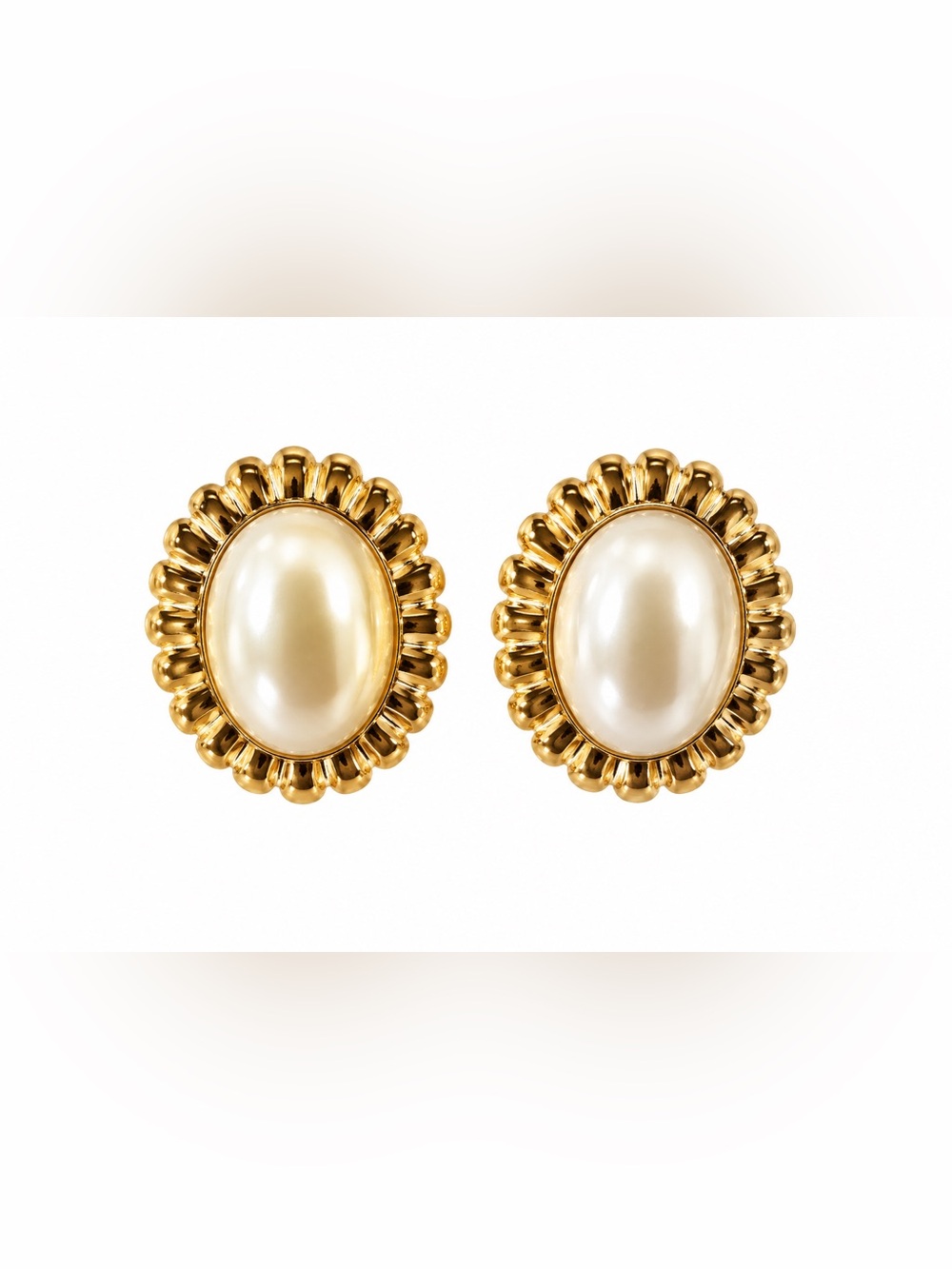 Gold Cream Faux Pearl Vintage Fashion Earrings Stud Oval Jewelry